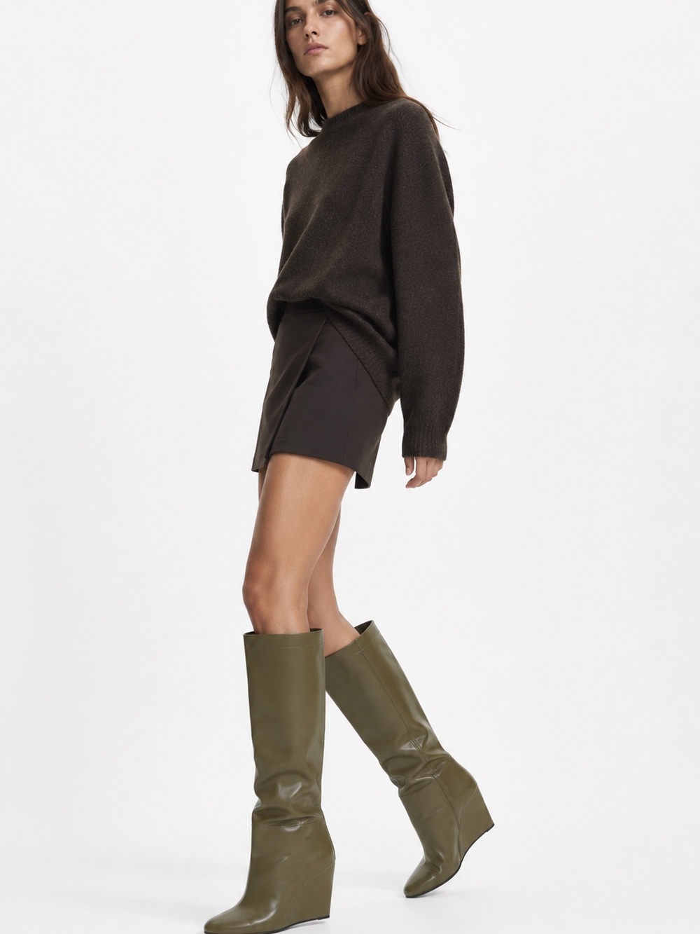 Zara Olive Green Knee-High Wedge Boots
